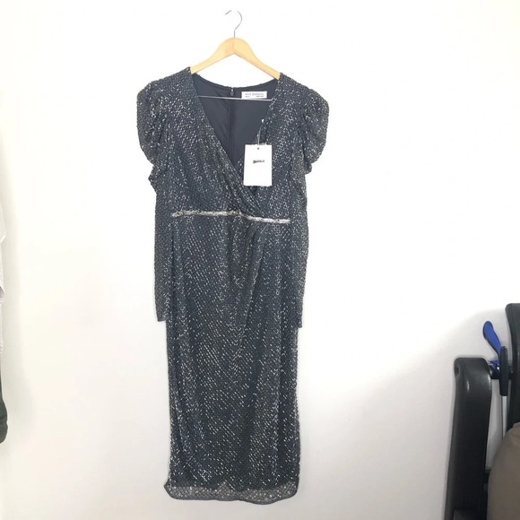 NWT Mac Duggal Charcoal 94674 Beaded Wrap Over Puff Sleeve Midi Gown 12 - Picture 4 of 12